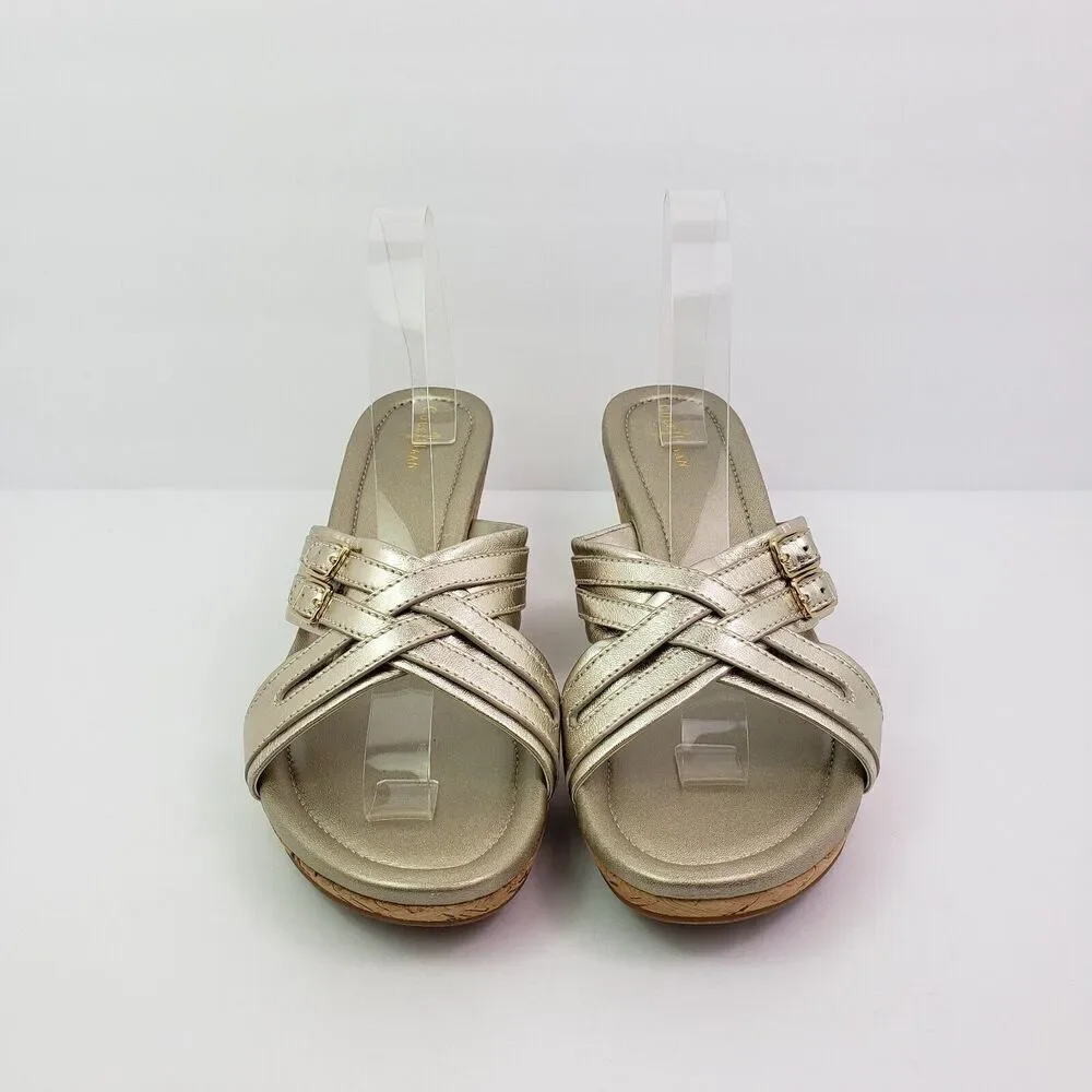 Cole Haan Womens Size 11 Gold Slip On 3 In Cork Wedge Platform Sandals
